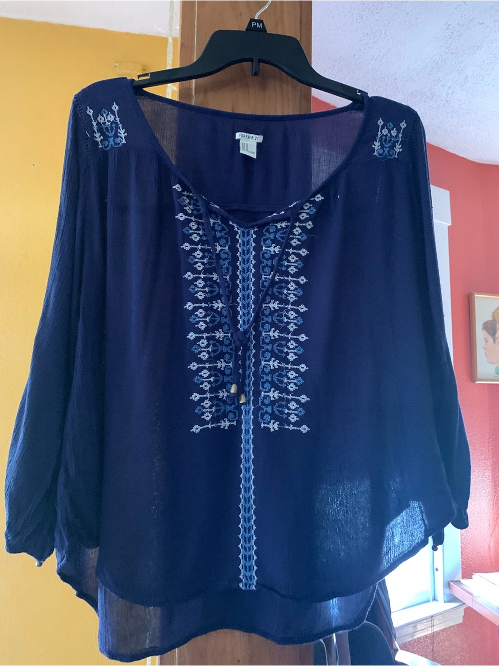 Forever 21 Navy and White Embroidered Boho Tunic